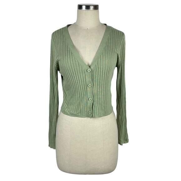 OAK + FORT Sage Green Ribbed Knit V-Neck Cropped Cardigan Sweater Women's Size S - Picture 1 of 5